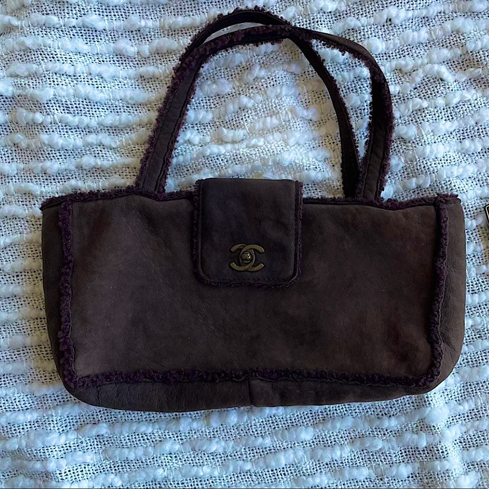 vintage suede chanel flap shearling tote bag